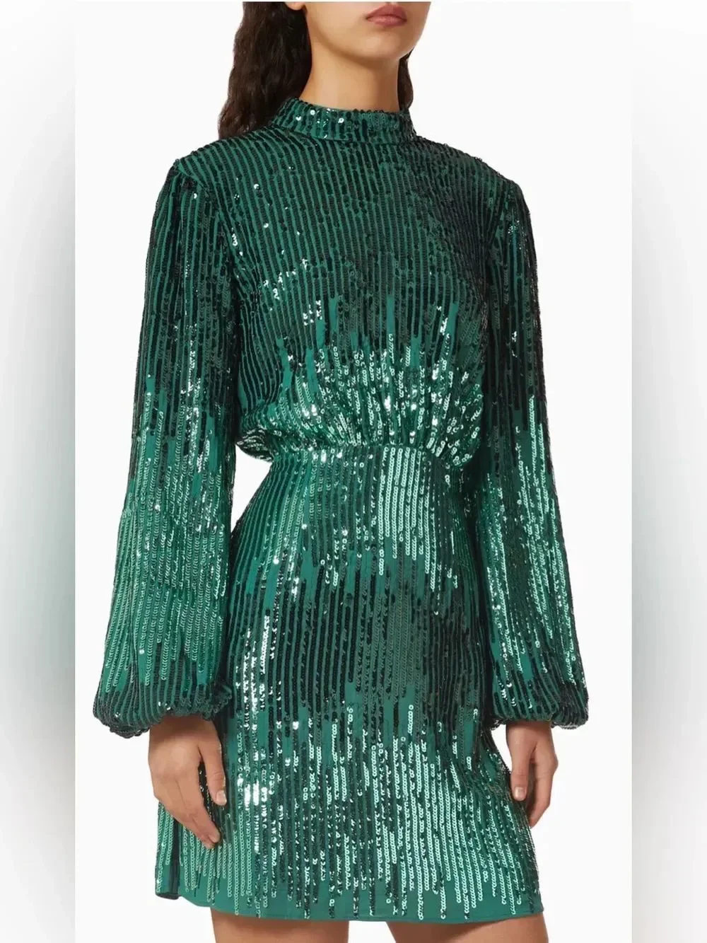Rizzo Samantha Mini Dress Womens XXS Emerald Sequins Sheath Sequin Long Sleeve